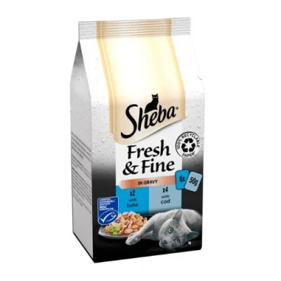Image of Sheba Fresh and Fine Wet Cat Food Pouches with Tuna Cod in Gravy 48 x 50 g