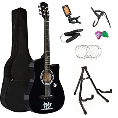 Image of Crystals Acoustic Guitar Full Package Pack with Accessories 4/4 Size 38&quot; Classic 6 Strings (Black + Stand)