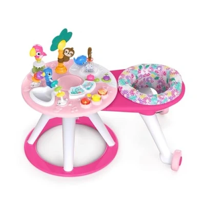 Image of Bright Starts, Around We Go 2 in 1 Walk Activity Center and Table Tropic Coral, Walker with Music, Lights Interactive Toys, Removable Seat, Ages 6 Months +, Pink