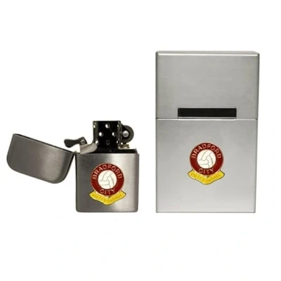 Image of Bradford City football club stormproof petrol lighter and metal cigarette packet cover