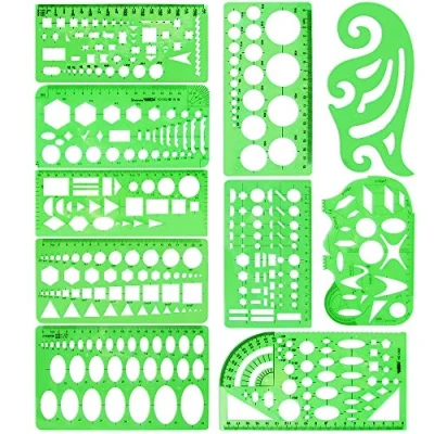 Image of 10 Pieces Measuring Plastic Templates Circle Template Geometric Drawing Building Jewelry Design Formwork Rulers Clear Green Sets for Office and School.