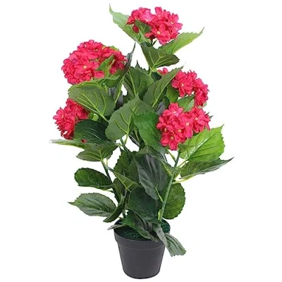 Image of vidaXL Artificial Hydrangea Plant with Pot, 60 cm Height, Red Lifelike Flowers, Indoor Decoration, Low Maintenance Home and Office Accessory