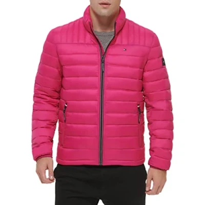 Image of Tommy Hilfiger Men&#039;s Lightweight Down Alternative Packable Puffer Jacket Coat, Pink, XL