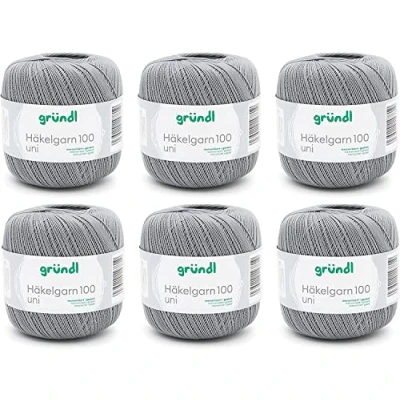Image of Gründl Wool Crochet Yarn 100 100% Cotton 6 x 100g Balls Needle Size 1.5 2 / 566m Thin for Light Grey