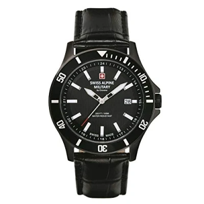 Image of Swiss Alpine Military Men&#039;s Watch Analogue Quartz 7022.1 Leather, Black/Black/Black 1577sam, Strap.
