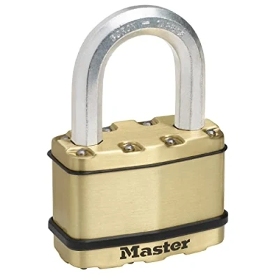 Image of MASTER LOCK Heavy Duty Padlock, Security level 10/10, Outdoor, Keyed, Laminated Steel / Brass Finish, Weatherproof, Medium Shackle
