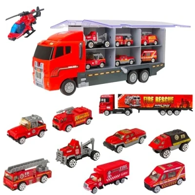 Image of Teamsterz Fire Service Transporter Vehicle Playset engine, Lorry And Toys Indoor Outdoor Sandpit Toy Car Launcher Cars Storage Ramp Ages 3+