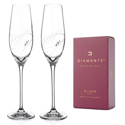 Image of DIAMANTE Swarovski Crystal Champagne Flutes Prosecco Glasses Yours &amp; Mine Set of 2