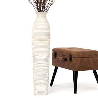 Image of Leewadee Large White Wash Home Decor Floor Vase Wooden 90 cm Tall Farmhouse Flower Holder For Fake Plant And Pampas Grass