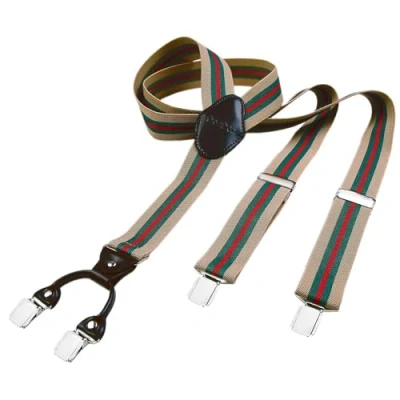 Image of DonDon men suspenders 3,5 cm 1,38&quot; wide 4 clips with brown leather in Y form elastic and length adjustable beige striped