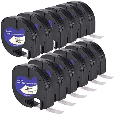 Image of LEYF Pack of 12 Label Tape, Compatible with Dymo 91200, mm x 4 Tape for LetraTag LT 100H, 100H Plus, 100T, 100T 2000, QX50, XM, XR, Waterproof, Black on White