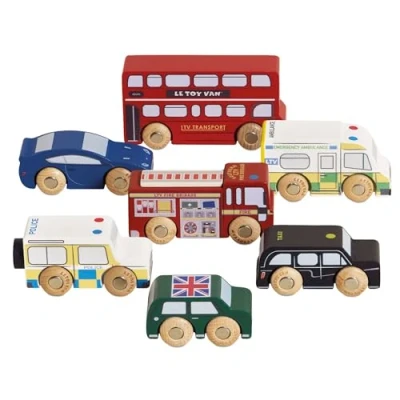 Image of Le Toy Van Iconic Wooden London Themed Car Play Set 7 Pieces Vehicle Role Toys Suitable For 2 Year Old +