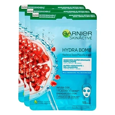 Image of Garnier SkinActive Hydra Bomb Super Moisturising and Replenishing Fabric Face Mask with Pomegranate Hyaluronic Acid 3 Packs