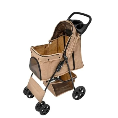 Image of Pet Stroller Caddy Organiser Woven Beige Pushchair Pram Travel Accessory Bag Detachable Hook &amp; Loop Straps Elastic Cup Pouch Front Pocket Large Capacity Multifunctional Linen Fabric
