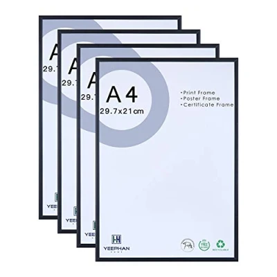 Image of A4 Certificate Photo Frame 21 x 30 CM Aluminum Black Picture Frames with Perspex Safety Glass front, Freestanding and Wall Mountable Pack of 4