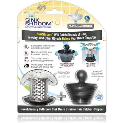 Image of SinkShroom Ultra Revolutionary Bathroom Sink Drain Protector, Stainless Steel, Combo with Stopper