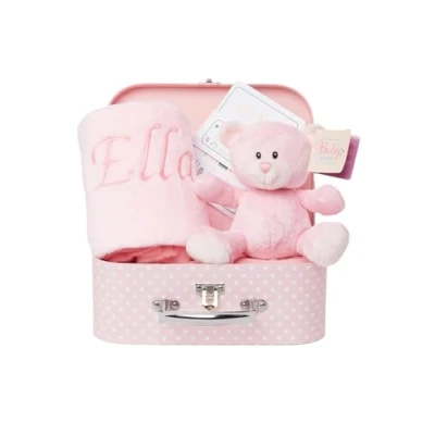Image of Baby Box Shop Newborn Girl Gift Set Pink Teddy Bear, 16 x Milestone Cards &amp; Personalised Blanket Shower Hamper, Gifts for Girls (Pink)