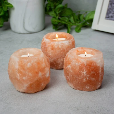 Image of Well Being Himalayan Pink Salt Tealight Holder Handmade Natural Crystal Trio Set
