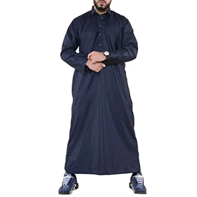 Image of TruClothing Mens Thobe Jubba Turn Down Collar Islamic Muslim Cotton Kaftan Dress Robe Arabic Navy XL 58
