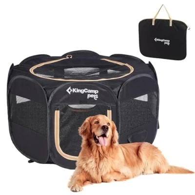Image of KingCamp Foldable Dog Playpen, Portable Pet Playpen with Breathable Mesh, Lightweight Pop Up Cat Pen Cage Carrying Bag for Puppy Kitten Rabbit Indoor Outdoor, Black M