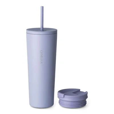 Image of VINSUN Travel Mug with Straw 720ml Stainless Steel Thermal Mug, Leakproof, Double Walled Insulated Beige Tumbler and Lid for Hot &amp; Cold Drinks