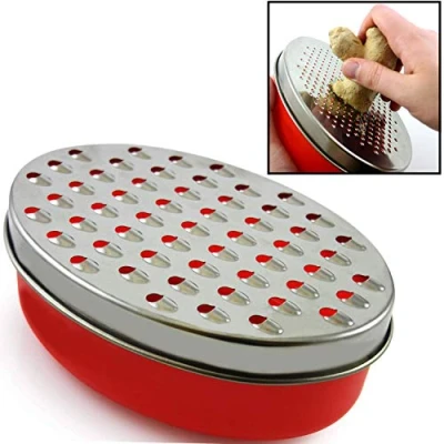 Image of Cheese Grater Citrus Lemon Zester with Food Storage Container &amp; Lid Perfect for Hard Parmesan Or Soft Cheddar Cheeses, Ginger, Vegetables, Butter, Chocolate Nutmeg (Red)