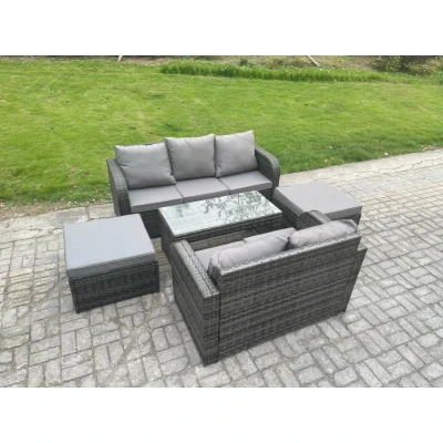 Image of 7 Seater Outdoor Rattan Garden Furniture Set with Patio Lounge Sofa Rectangular Coffee Table 2 Big Footstool Dark Grey Mixed Fimous