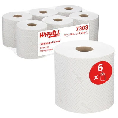 Image of WypAll 7303 Industrial Wiping Paper L20 Centrefeed, 2 ply, White (6 rolls x 380 sheets)