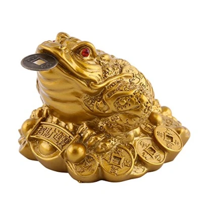 Image of Lucky Money Frog/Toad Feng Shui Toad/Frog Treasure Basin Statue with Coin Golden Chinese Frog Attract Wealth and Good Luck (65x60x50mm Brass)