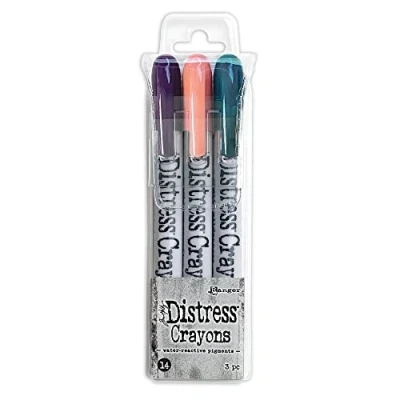 Image of Ranger Ink Tim Holtz Distress Crayons Set 14 TDBK82293 Jan 2023 release Villainous Potion, Saltwater Taffy, and Uncharted Mariner