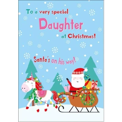 Image of doodlecards Daughter Christmas Card Magic Santas Sleigh with Unicorn Medium Size for Plain Envelope