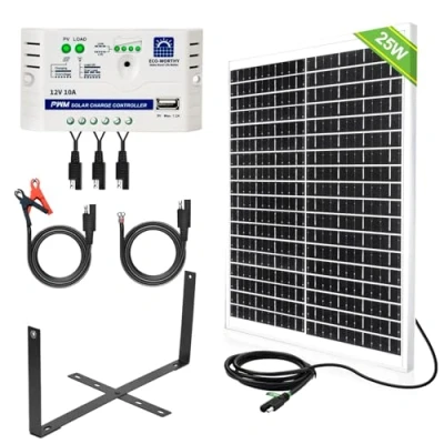Image of ECO WORTHY Solar Panel Kit 25W 12V with Mounting Brackets: + 10A Charge Controller SAE Connection Cable for Boat RV Chicken Coop Gate Opener Water Pump