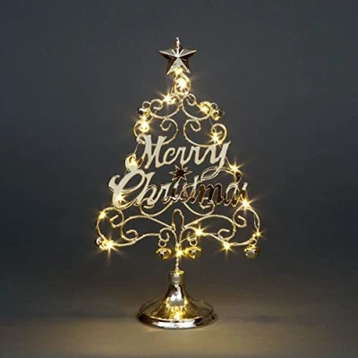 Image of SHATCHI Pre Lit Table Top Golden/Silver Tree Cool Bells Star Festive Xmas Holiday Home Office Novelty Decorations, Metal, Gold W/Warm White LEDs, 14 Inch Merry Christmas