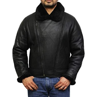 Image of BRANDSLOCK Men Aviator Real Shearling Sheepskin Leather Bomber Flying Jacket (L, Black)