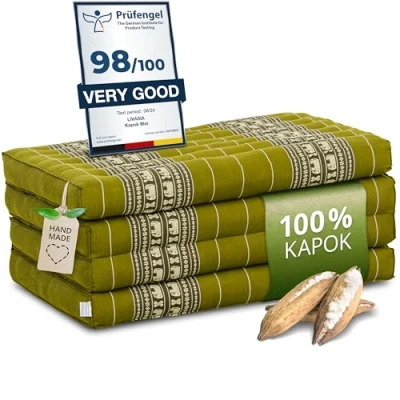 Image of livasia Sustainable kapok mattress, guest Folding mattress for van, Ecological yoga mat, bed, Sun lounger garden &amp; balcony, 79x31x3.1″ (Green/Elephants)