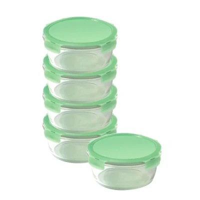 Image of LocknLock Eco Ovenglass Glass Food Containers with Lids Set of 5 Airtight, Leakproof Round Storage Recycled Plastic Lids, Oven Safe, Dishwasher x 950ml