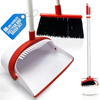 Image of Long Handled Dustpan and Brush Set with Built In Teeth Comb Indoor Broom for Sweeping 180 Sweivel Dust Pan Sets (Red White)