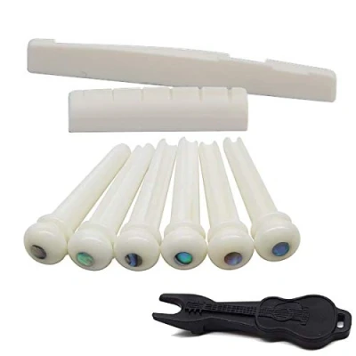 Image of Alnicov Guitar String End Bone Nut and Saddle Abalone Pins Replacements Set (Bone &amp; Nut) with puller for 6 Acoustic