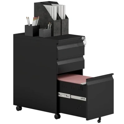 Image of Vinsetto 3 Drawer Filing Cabinet with Lock, Mobile Steel File for A4, Legal and Letter Size, Under Desk Drawers Pre Assembled Body Home Office, 30 x 43.5 60 cm, Black