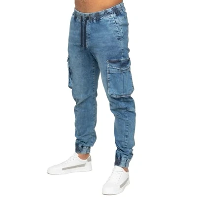 Image of 989Zé ENZO Mens Cargo Combat Jeans Elasticated Waist Cuffed Trousers Joggers (UK, Numeric, 32, Regular, Blue)