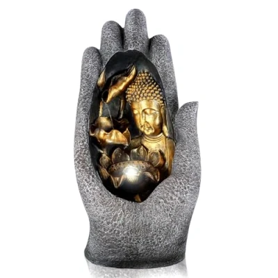 Image of GEEZY Garden Water Feature LED Fountain Buddha Lotus Indoor Outdoor Cascading Freestanding Polyresin Statue Lights &amp; Decoration (Hand Fountain)