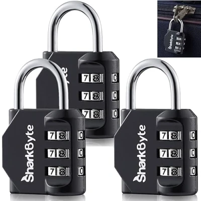 Image of SharkByte Luggage Locks 3 Dial Weatherproof Outdoor Security Combination Padlock, Small Travel Lock for Suitcases Case Bag Gym Lockers Code Padlock (Pack of 3)
