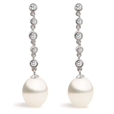 Image of Women Pearl Stud Earrings, Fresh Water Cultured Pearls 8,5 9,00 mm Drop with 5 Small Cubic Zirconia Stones by Secret &amp; You Sterling Silver 925 Sheferds Hook