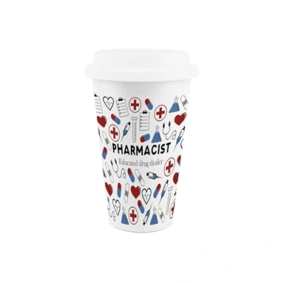 Image of Purely Home Pharmacist Ceramic Travel Mug Humorous Medical Themed Novelty Gifts/Presents Reusable Silicone Lid Double Walled Insulated Hot/Cold Drinks Flask Cup