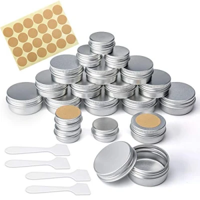 Image of 20 Pcs Empty Cosmetics Container Pots 3 Sizes Aluminium Tin Jars with Screw Lids, Labels and Mini Spatula, Sample for Lip Balm, Candle Making, Cream, Sample, Powder, (20ml 10ml 5ml)