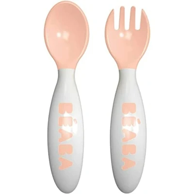 Image of BÉABA Set of 2nd Age Training Fork and Spoon Nude Ergonomique Shape Suitable for Left Handed Right Transport Case included Pink