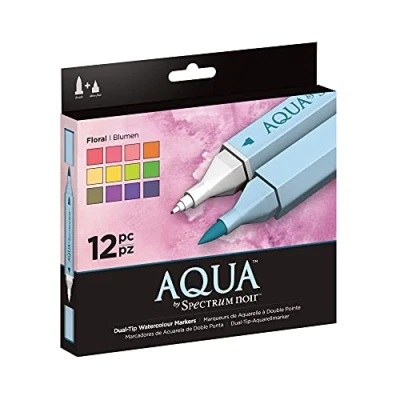 Image of Spectrum Noir Aqua Artist&#039;s Water Based Dual Nib Marker Colouring Pens, Floral, Pack of 12, 19 x 18.4 2.1 cm