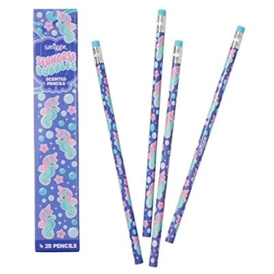 Image of Smiggle Pencils x 4 Pack Scented Wooden With Eraser Top (Purple Seahorse Bubbles)