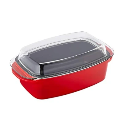 Image of Relaxdays 10031497 Roaster with Lid, Non Stick Coated, Casserole Dish, Cast Aluminium &amp; Glass, Dishwasher Safe, Oven Tin, Red