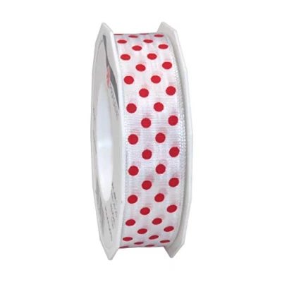 Image of Präsent Polka Dots Wired &amp; Printed Ribbon White Red 25 mm Width, 20 m Length